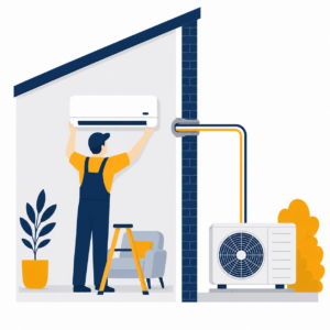 Flat illustration of a wall-mounted air conditioning unit being installed with pipework connecting through the wall to an outdoor condenser unit.