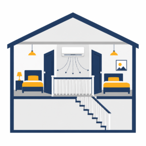 House cross-section with a single air conditioning unit on the landing cooling multiple bedrooms.