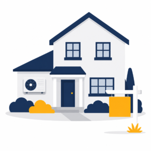 UK house with an air conditioning condenser unit and a for-sale sign in the front garden