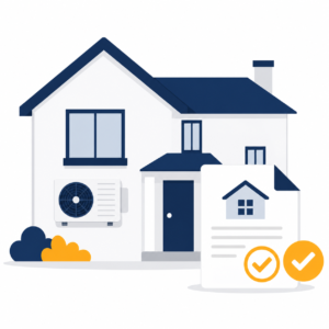 House with a wall-mounted air conditioning condenser beside an approved planning document