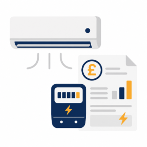 Flat illustration of a wall-mounted air conditioning unit beside an electricity meter and energy bill with a pound symbol.