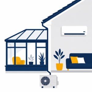 Flat illustration of a conservatory with an indoor wall-mounted air conditioning unit and outdoor condenser installed on a UK home