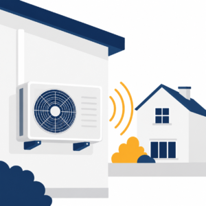 Flat illustration of an outdoor air conditioning condenser unit mounted on a house wall with sound waves and a neighbouring house in the background.