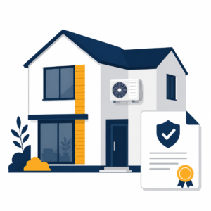 Flat illustration of a modern UK new build home with an external air conditioning condenser unit and a building regulations certificate.