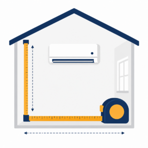 Flat illustration of a room with a wall-mounted air conditioning unit and measuring tape indicating room dimensions.