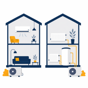 Flat illustration comparing an air-to-air heat pump with wall-mounted air conditioning and an air-to-water heat pump with radiators and a hot water cylinder in UK homes.