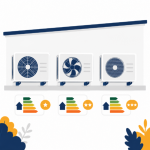 Flat illustration of three outdoor air conditioning condenser units with energy efficiency rating symbols