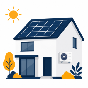 Flat illustration of a UK home with rooftop solar panels, an external air conditioning condenser unit and sunshine representing daytime solar power generation.