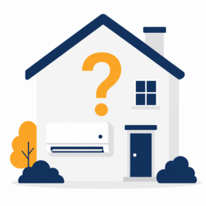 Flat illustration of a house with a wall-mounted air conditioning unit and a question mark symbol.