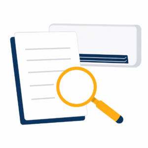 Air conditioning quote document with magnifying glass and wall-mounted AC unit.