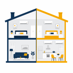 Split two-storey house cross-section comparing bedroom-only air conditioning with whole-house air conditioning.