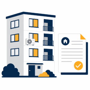 Block of flats with an exterior air conditioning unit beside a lease consent document