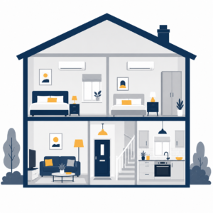 Two-storey house cross-section with air conditioning installed in two bedrooms only.
