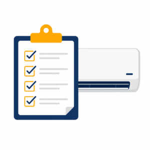 Air conditioning pre-acceptance checklist beside a wall-mounted AC unit.