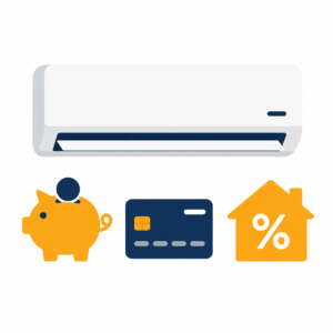 Wall-mounted air conditioning unit with symbols for savings, credit card payment and home finance.