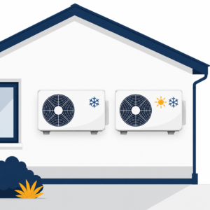 Two wall-mounted heat pump units on a house, showing cooling-only and heating-and-cooling modes