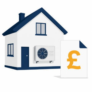 House with a wall-mounted heat pump beside a government grant document featuring a pound sign.